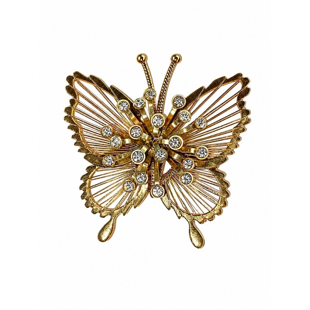 Vintage Monet Butterfly Brooch Gold Tone Filigree Rhinestone Signed Estate Pin